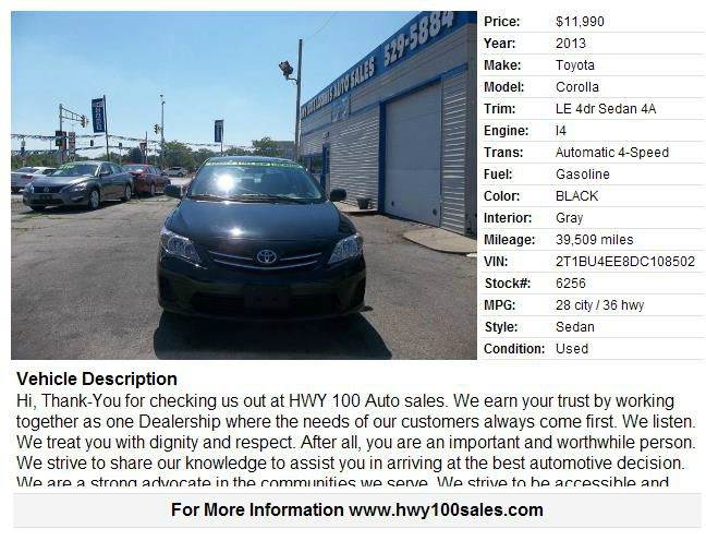 2013 Toyota Corolla Le 4dr Sedan 4a